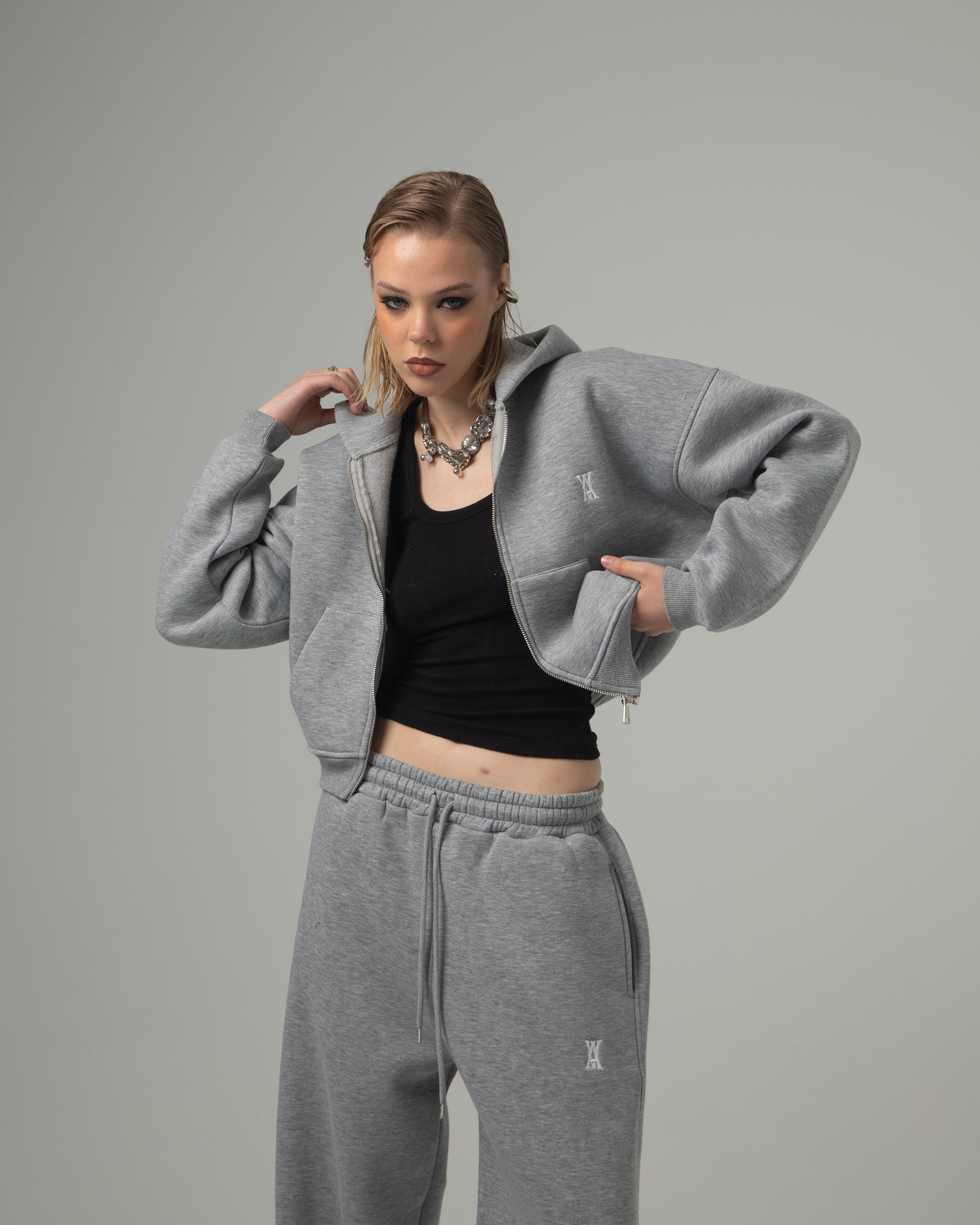 ANOTH GREY CROP KAPÜŞONLU SWEATSHIRT