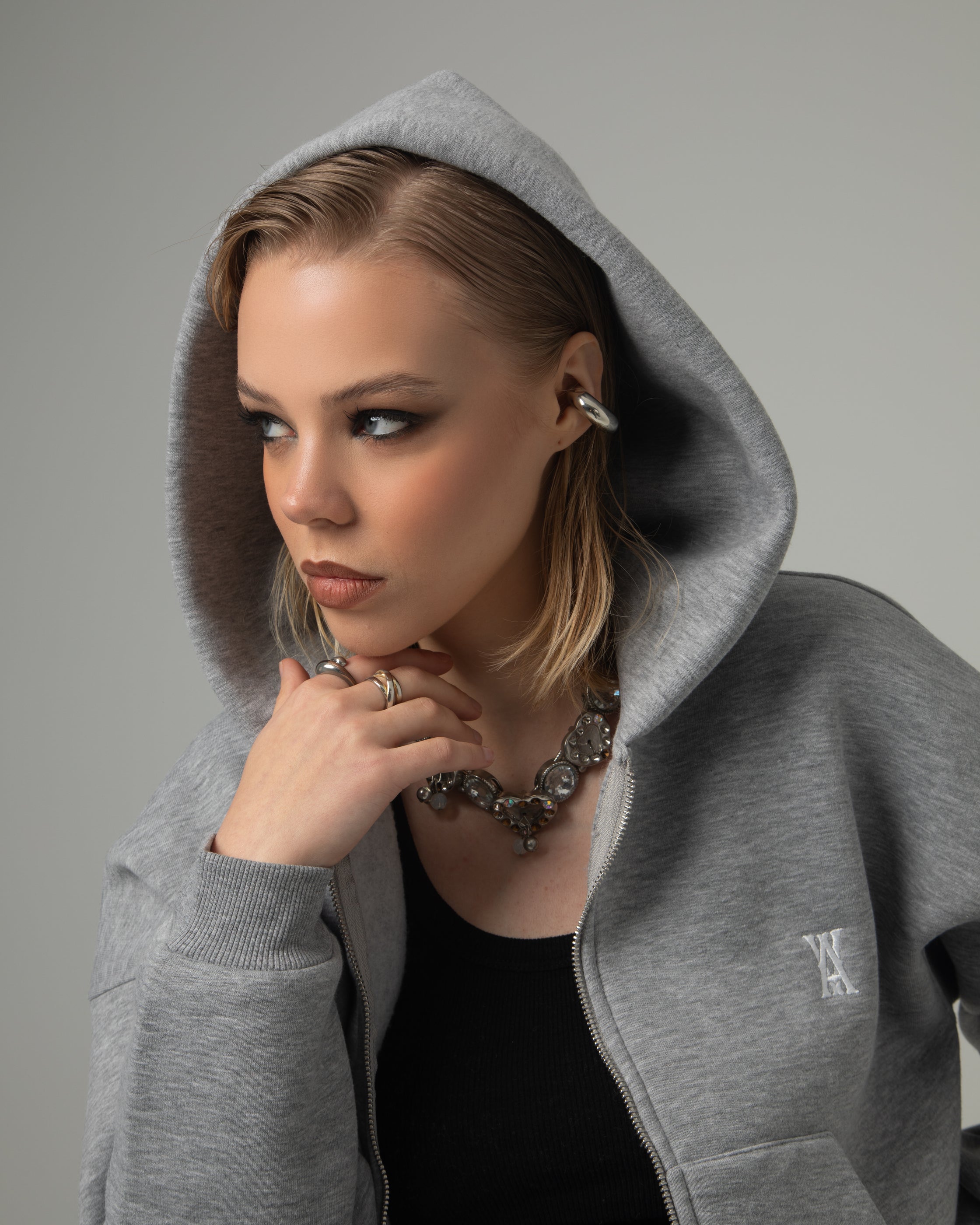 ANOTH GREY CROP KAPÜŞONLU SWEATSHIRT