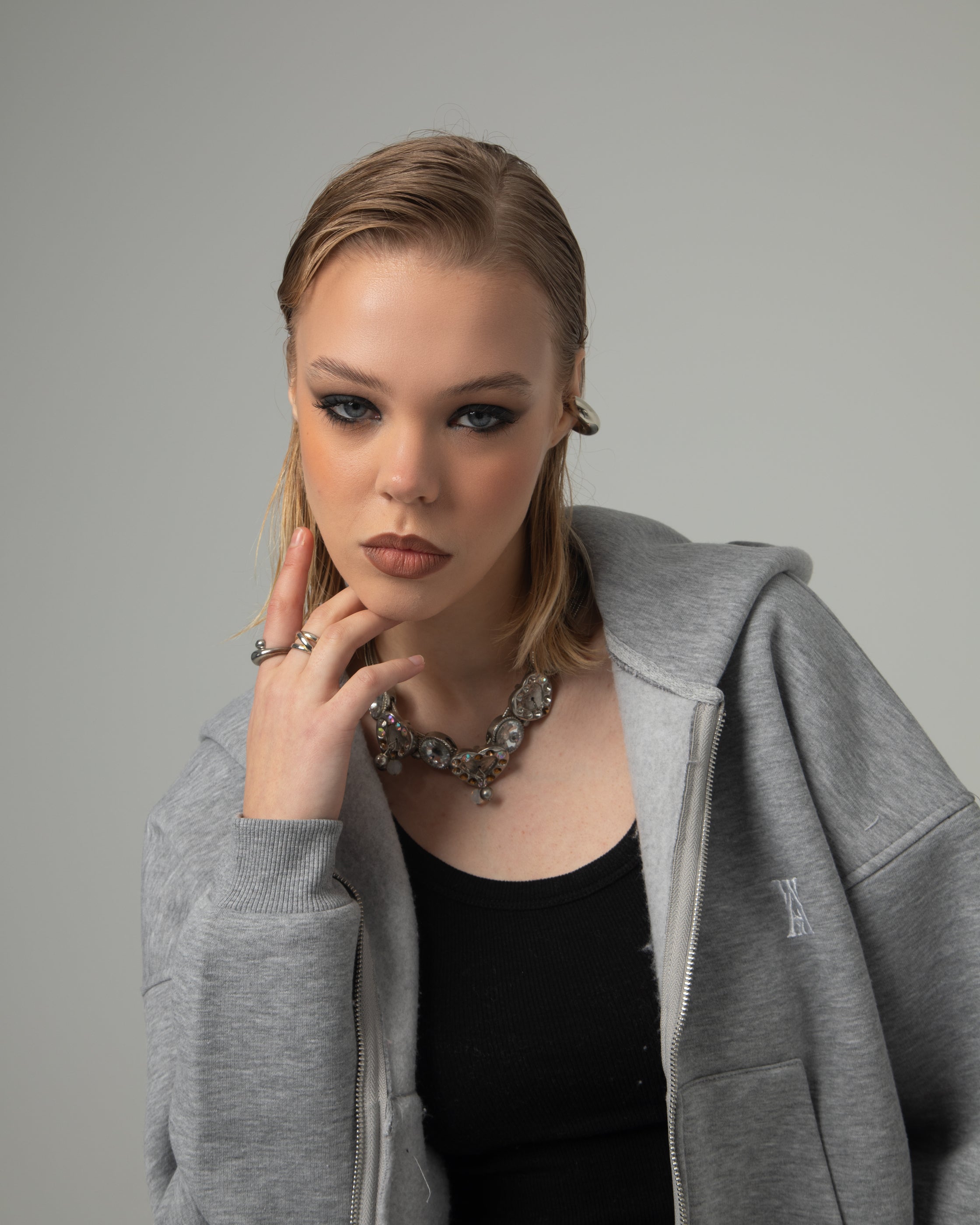 ANOTH GREY CROP KAPÜŞONLU SWEATSHIRT