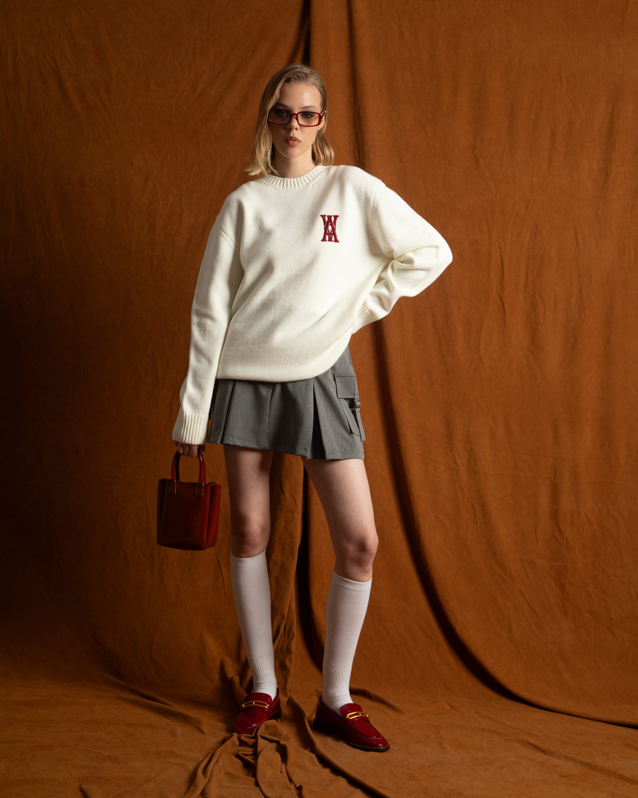 ANOTH RED LOGO ECRU KNIT UNISEX SWEATER