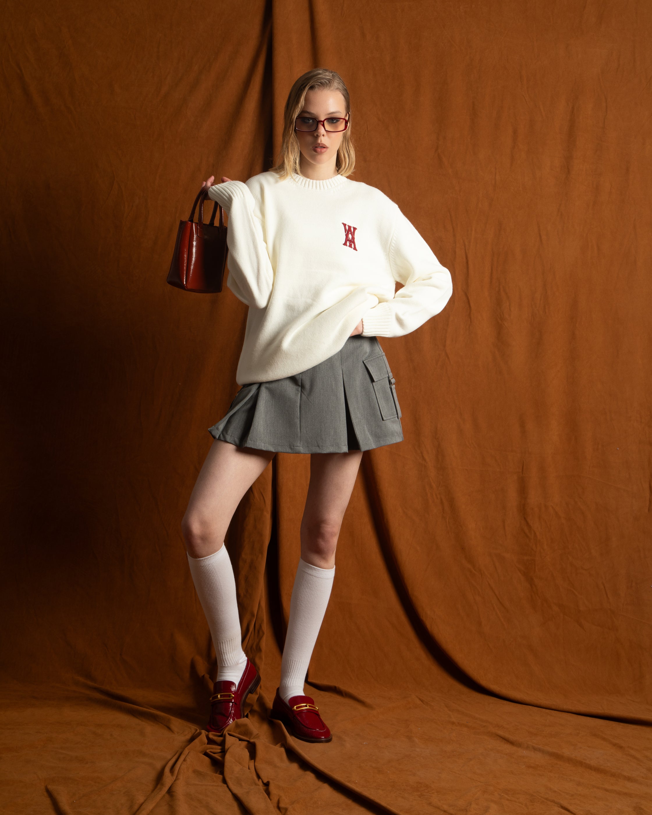 ANOTH RED LOGO ECRU KNIT UNISEX SWEATER