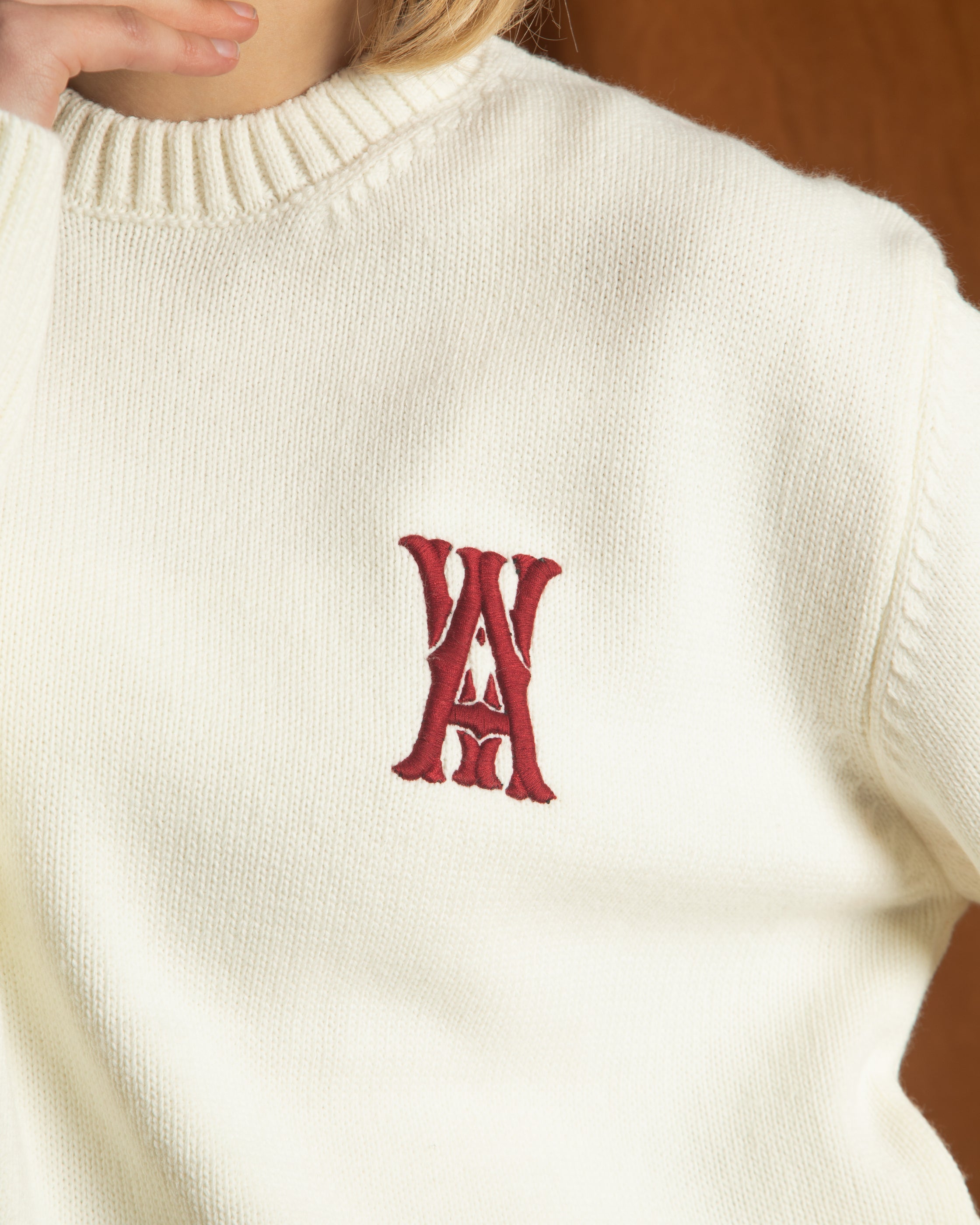 ANOTH RED LOGO ECRU KNIT UNISEX SWEATER