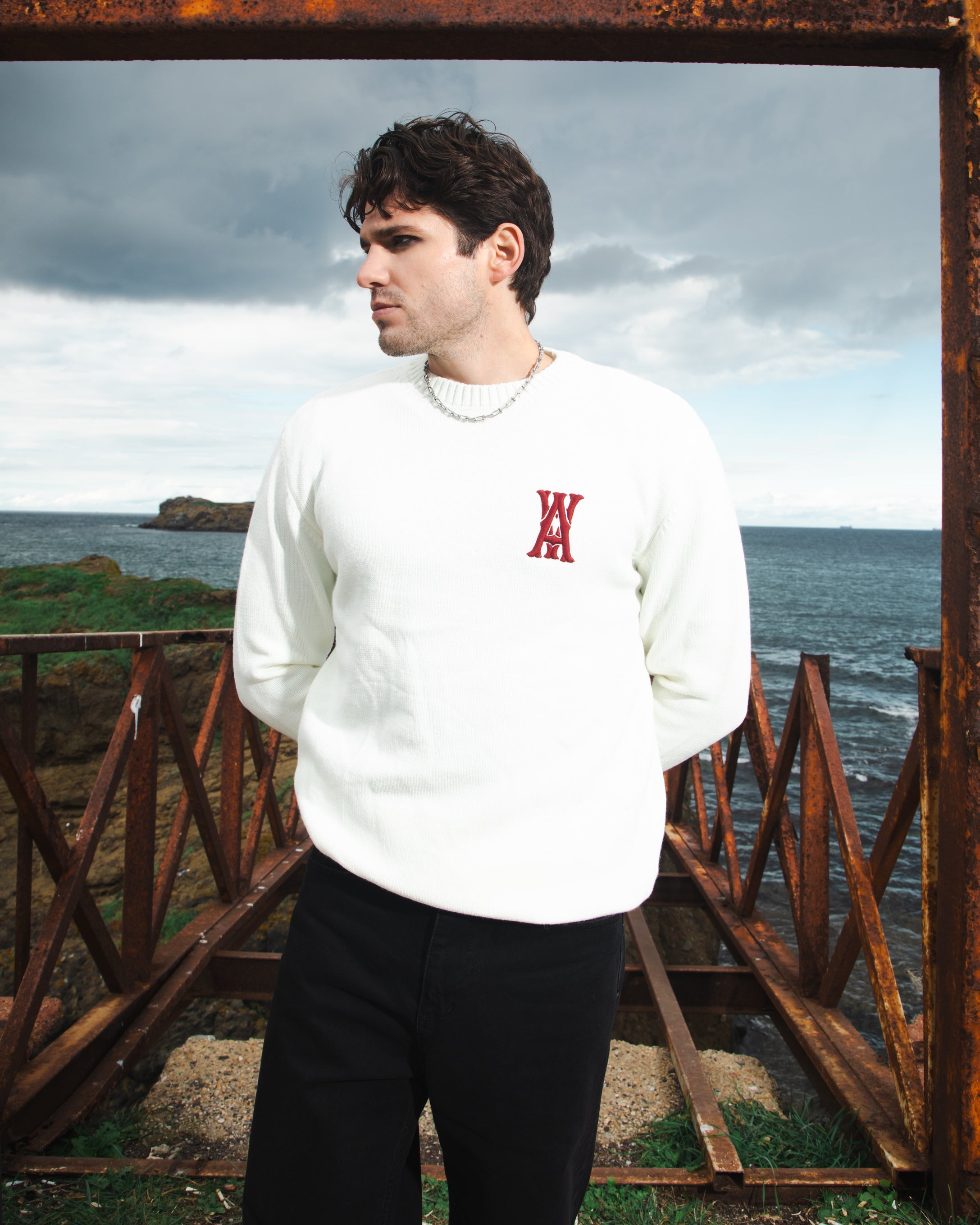 ANOTH RED LOGO ECRU KNIT UNISEX SWEATER