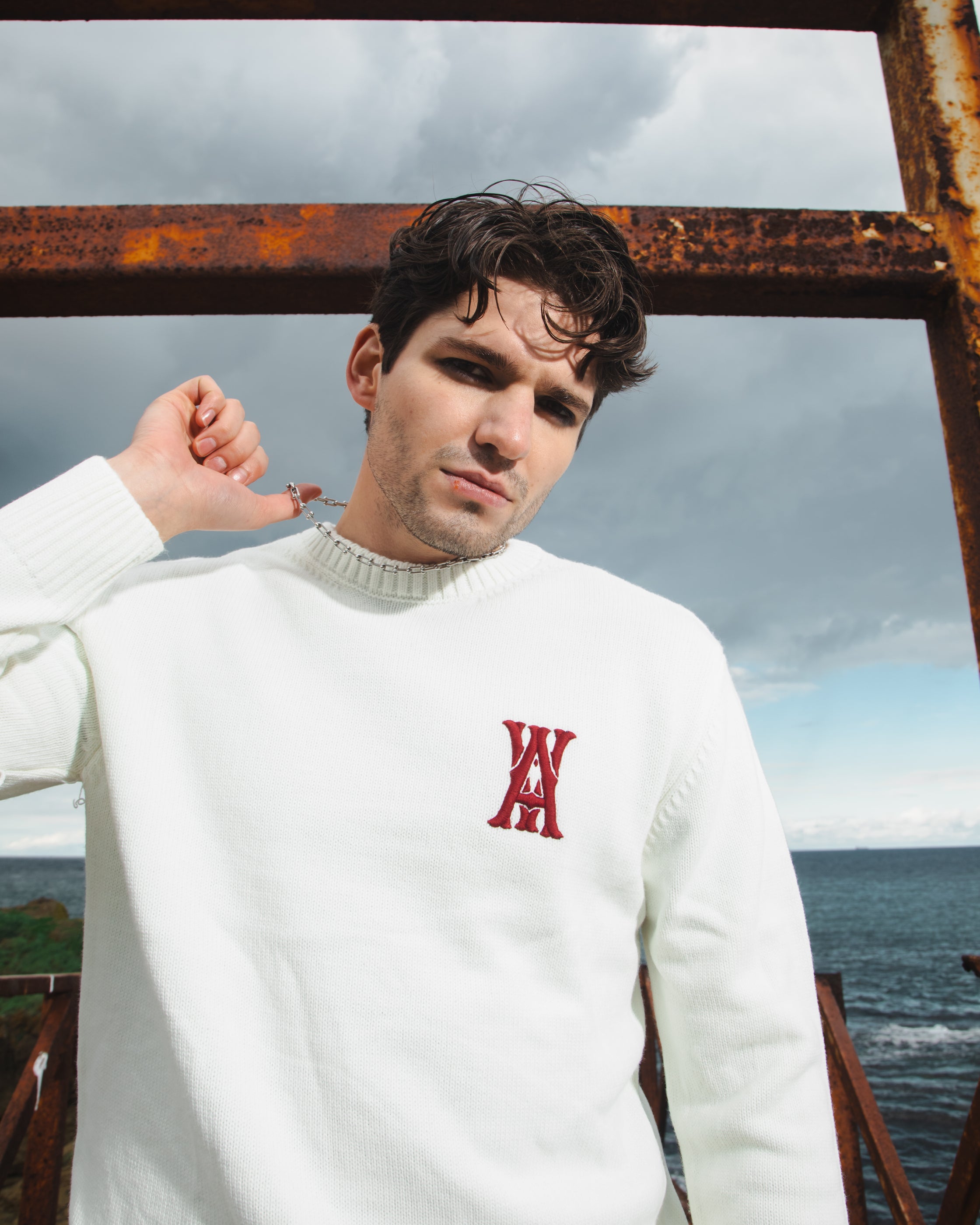 ANOTH RED LOGO ECRU KNIT UNISEX SWEATER